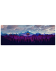 Compact 32x12 inches mouse pad with mountain forest design, featuring glowing watchtower and purple-blue mountain ranges for a serene workspace look.