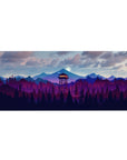 Mouse pad featuring mountain forest design, 36x16 inches, with glowing watchtower and purple-blue mountain ranges for a calm, serene workspace vibe.