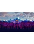 Mouse pad featuring mountain forest design, 40x20 inches, with glowing watchtower and purple-blue mountain ranges for a serene, twilight effect.