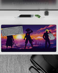 32x16 inches mouse pad with Zoro, Luffy, and Sanji from One Piece, standing strong in front of a stunning sunset, embodying unity and strength.