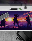 40x20 inches desk pad with Zoro, Luffy, and Sanji from One Piece, showcasing their silhouettes against a vibrant sunset, ready for their next adventure.