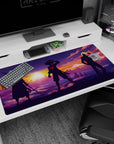 Large 40x20 inches desk pad featuring Zoro, Luffy, and Sanji from One Piece, symbolizing strength, unity, and the spirit of adventure in a stunning sunset design.