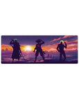 Compact 32x12 inches mouse pad featuring Zoro, Luffy, and Sanji from One Piece, silhouetted against a colorful sunset sky, exuding strength and unity.