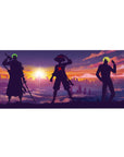 Desk pad featuring Zoro, Luffy, and Sanji from One Piece, 36x16 inches, standing tall against a colorful sunset, representing the strength and unity of the crew.