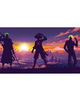 Desk pad featuring Zoro, Luffy, and Sanji from One Piece, 40x20 inches, standing strong against a vibrant sunset sky, capturing the unity and strength of the trio.
