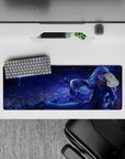 32x12 inches anime mouse pad in indigo and violet tones, calm cosmic mood with icy highlights and sparkle.