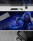 40x20 inches anime desk pad in indigo, violet, and icy highlights, calm cosmic mood for focused gaming.