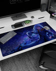 40x20 inches anime desk pad featuring amber-eyed blue-haired girl in navy coat with fur collar under stars.
