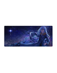28x12 inches anime mouse pad with blue-haired heroine, amber eyes, fur-collar coat, starry galaxy backdrop.