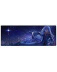 32x12 inches anime mouse pad with blue-haired heroine under a starry galaxy night, bold hand-on-hip pose.