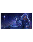 Anime mouse pad 32x16 inches featuring a starry night backdrop and blue-haired heroine in a navy coat.
