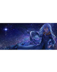Anime desk pad 36x16 inches with blue-haired heroine under a starry galaxy night, bold hand-on-hip pose.