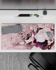 Blush-pink sakura sky anime girl mouse pad 32x16 inches, calm cozy vibe with warm highlights and linework.
