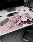 Silver-haired schoolgirl leans into cherry blossoms, navy pleated skirt on a 40x20 inches desk pad.