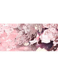 Anime girl desk pad 36x16 inches with schoolgirl in sailor uniform under cherry blossoms, soft petals.