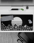 32x16 inches mouse pad with wireframe mountains and a glowing striped sun, blending minimalist design with retro-futuristic aesthetics.