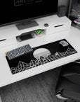 Artistic 32x12 inches mouse pad with wireframe mountains and a glowing striped sun in a minimalist black-and-white aesthetic.