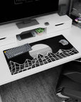 Modern 32x16 inches mouse pad featuring black-and-white wireframe mountains and a glowing striped sun in vaporwave style.