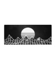 Mouse pad featuring Monochrome Horizon, 28x12 inches, with black-and-white wireframe mountains and a glowing striped sun.