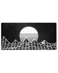 Mouse pad featuring Monochrome Horizon, 32x16 inches, with wireframe mountains and a glowing striped sun in black-and-white.