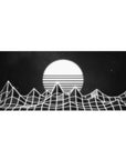 My Hero Academia desk pad, 36x16 inches, with wireframe mountains and a glowing striped sun in a minimalist black-and-white design.