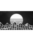Desk pad featuring Monochrome Horizon, 40x20 inches, with wireframe mountains and a glowing striped sun in black-and-white.