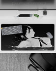 Anime mouse pad 32x16 inches featuring Aki Hayakawa from Chainsaw Man in grayscale, capturing a serene, emotional scene.