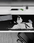 Anime desk pad featuring Aki Hayakawa from Chainsaw Man, size 36x16 inches. Grayscale water, monochrome waves, emotional.