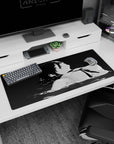 Anime mouse pad 36x16 inches featuring Aki Hayakawa from Chainsaw Man in grayscale, offering a serene, artistic touch.