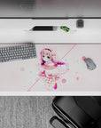 Cozy pastel mood desk pad 36x16 inches in soft pink and cream, dreamy bubbles, sweet kawaii vibe.