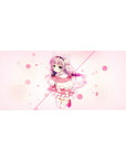 Pastel anime girl desk pad 36x16 inches with pink bubbles, creamy backdrop, frilly rose-and-white dress.