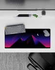 Compact 28x12 mouse pad highlights deep pink and purple tones with geometric precision for retrowave fans
