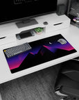 Neon geometry design on 32x16 mouse pad brings Pyramid Dreams' retrofuturistic vibe to life in detail