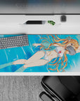 Asuna from Sword Art Online in a white bikini on a 36x16 inch anime desk pad, adding a breezy summer vibe to your setup.