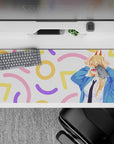 Anime mouse pad 36x16 inches featuring Power from Chainsaw Man with fangs, horns, and pastel confetti background.