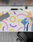Anime mouse pad 40x20 inches featuring Chainsaw Man's Power with fangs, horns, and pastel confetti background.