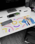 Anime mouse pad 36x16 inches featuring Power from Chainsaw Man with fangs, horns, and vibrant pastel confetti background.