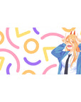 Anime desk pad 40x20 inches featuring Power from Chainsaw Man with pastel confetti background, adding vibrant flair.