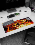 Fearless twin-tailed anime girl facing a blazing dragon, sparks flying, on a 32x12 inches extended mouse pad.