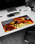 Anime girl mouse pad 32x16 inches showing fierce twin-tail heroine under a blazing dragon, sparks flying.