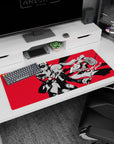 Persona 5 Royal desk pad 36x16 inches featuring Joker and Kasumi on a bold red background with black shadows and white highlights.