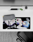 Anime mouse pad 28x12 inches featuring Rei Ayanami from Neon Genesis Evangelion, with cerulean hair and iconic suit.