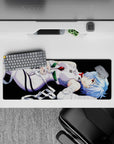 Anime mouse pad featuring Rei Ayanami from Neon Genesis Evangelion, size 32x12 inches, with her in a lavender suit and bandages.