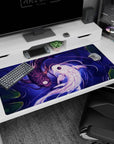 Large 40x20 inches desk pad featuring Harmony of Koi, blending serene water and two koi fish in black and white to represent duality and flow.