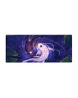 Mouse pad featuring Harmony of Koi, 28x12 inches, with serene koi fish swimming through tranquil waters in black and white for peaceful balance.