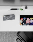 14x10 inches anime girl mouse pad in bold red, blue, pink, and blonde accents on deep black, cozy vibe.