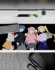 36x16 inches kawaii anime desk pad in bold red, blue, pink and blonde tones with a cozy confident vibe.