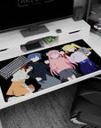 40x20 inches anime girl desk pad showing four girls posing together, pink hair cheering beside red hair.