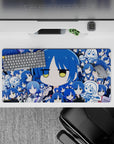 Cobalt and sky-blue anime girl mouse pad 32x16 inches with calm deadpan vibe, sleepy expressions, and uniform looks.