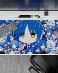 Cobalt and sky-blue anime girl desk pad 40x20 inches with calm deadpan vibe, sleepy looks, and cute chaos.